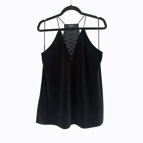 Express Black Velvet Cami Top SzSP Deep V-Neck Criss-Cross Detail Y2K Whimsigoth - Picture 8 of 8